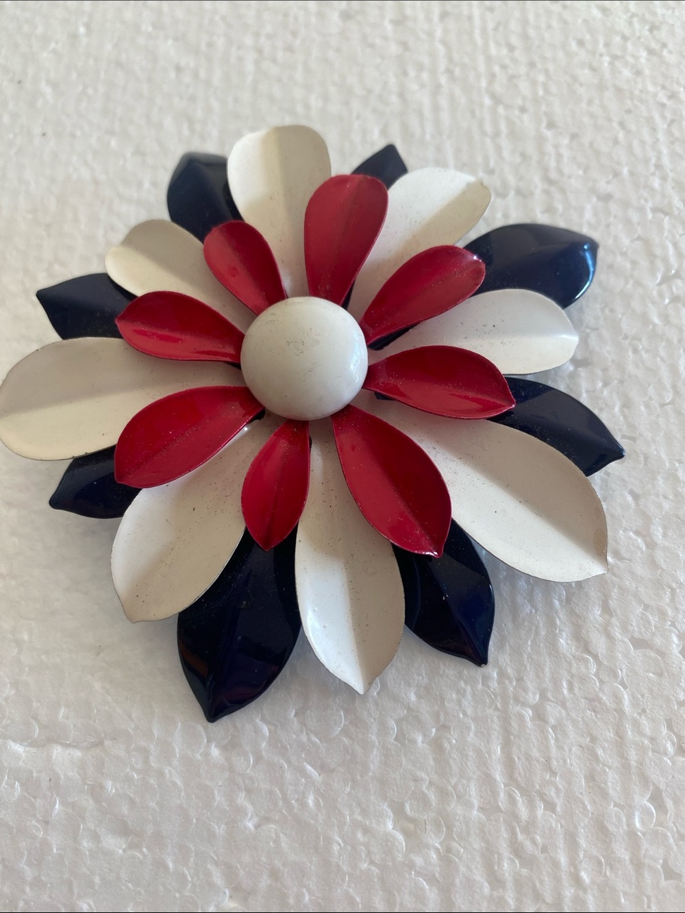 Bold Red White Navy Flower Brooch - Vintage Floral Pin